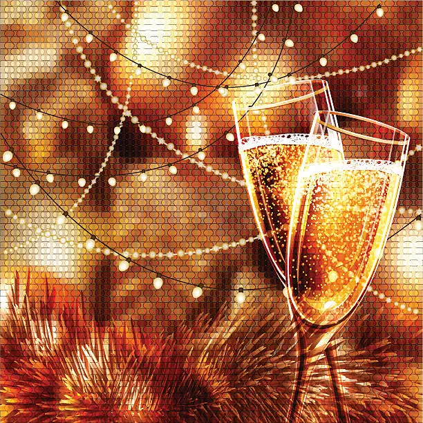 Vector illustration of Happy New Year Card with glasses of champagne.