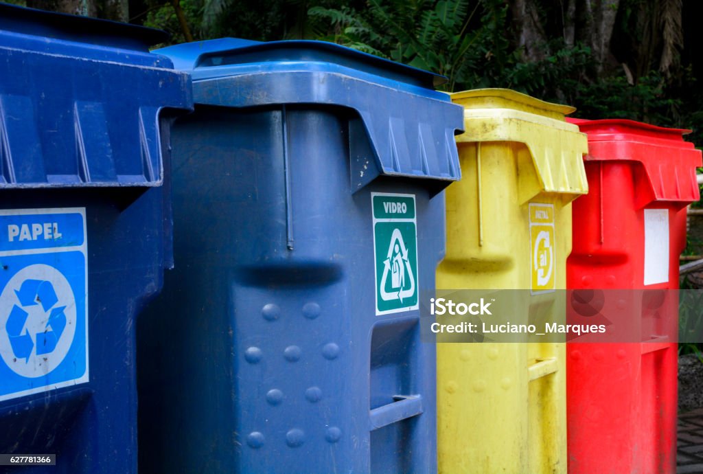 Recycling waste Recycling waste bins and selective collection of colored plastic for disposables Brazil Stock Photo