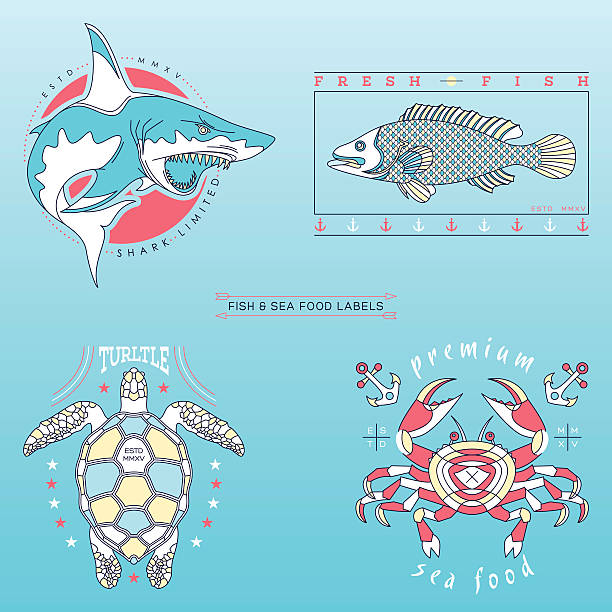 ilustrações de stock, clip art, desenhos animados e ícones de fish labels & badges - sea ideas concepts crab