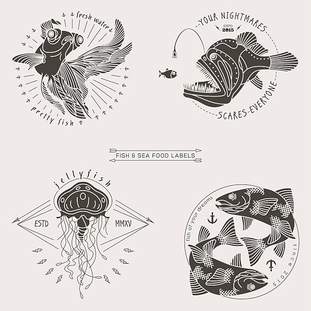 illustrazioni stock, clip art, cartoni animati e icone di tendenza di etichette di pesce - anglerfish