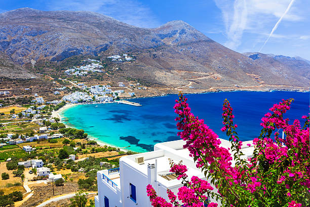 luxury Greek holidays , Amorgos island. Beautiful Aegialis bay,Amorgos,Greece. mykonos photos stock pictures, royalty-free photos & images