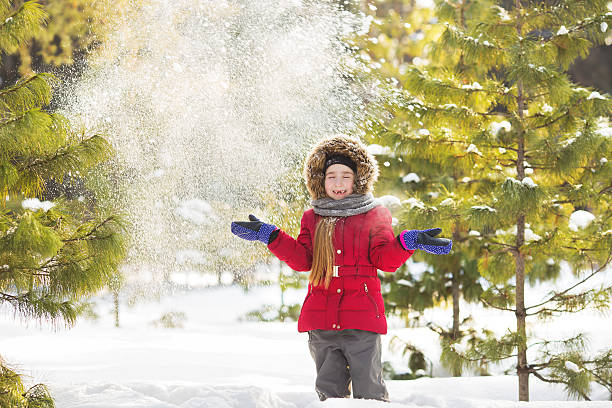istock Snow fall on a little girl in jacket in park 627806026