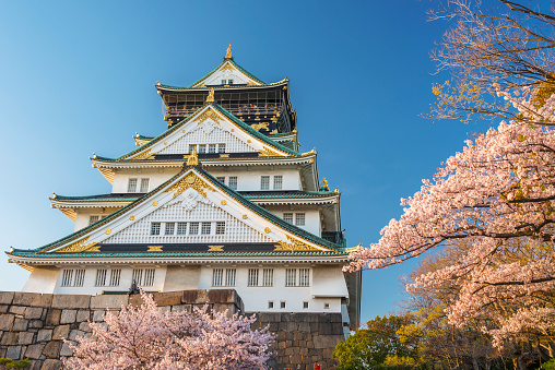 Osaka, Japan - April 5, 2016: The iconic five storey tower of Osaka Castle surrounded by the steep stone walls and tranquil moat of Osaka Castle Park in the heart of downtown Osaka, Japan's vibrant second city. 
