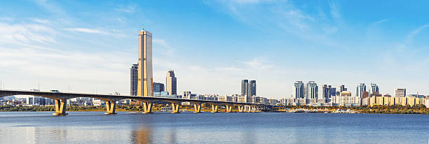 modern office buildings  near bridge  from river