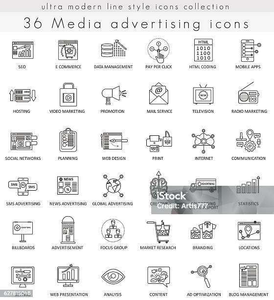 Vector Media Advertising Ultra Modern Outline Line Icons For Web Stock Illustration - Download Image Now