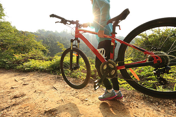 istock riding mountain bike on sunrise forest trial 627816536