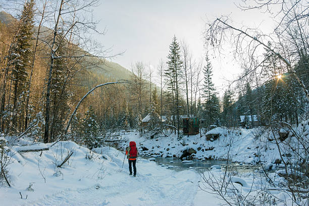 женщина с рюкзаком идет вдоль горной реки - winter stream river snowing стоковые фото и изображения