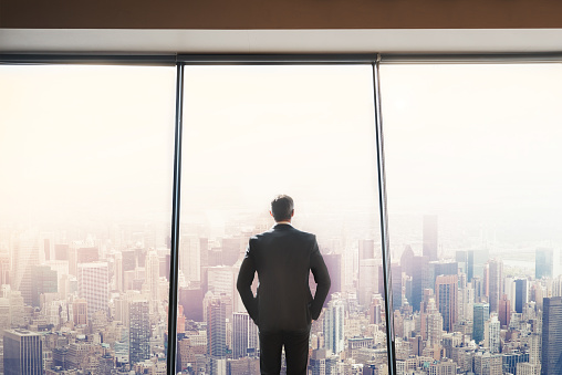 Rearview shot of a corporate businessman looking out from a large window in the office