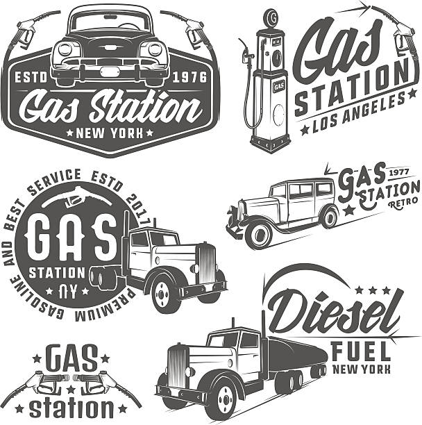 набор ретро азс автомобиль и элементы дизайна, эмблемы - station gasoline old fuel pump stock illustrations