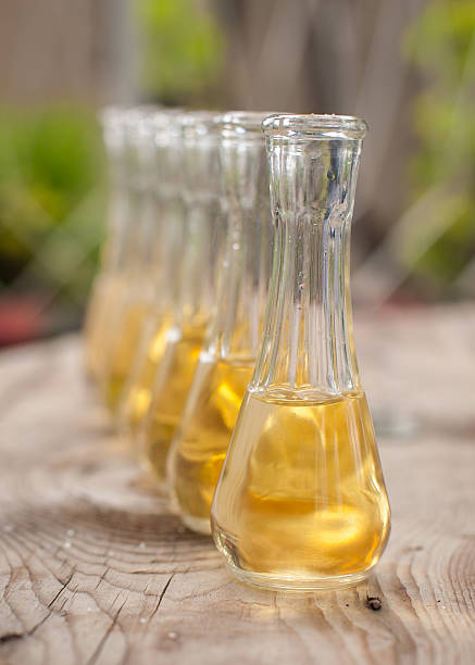 istock Plum brandy in shot glasses on wooden table 627856842