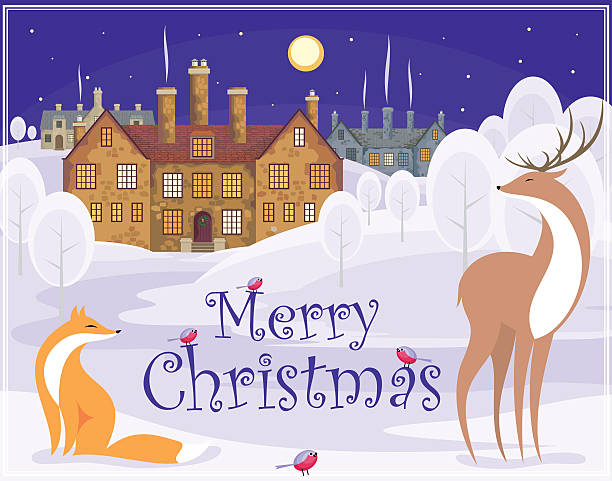 bildbanksillustrationer, clip art samt tecknat material och ikoner med merry christmas card - red fox snow