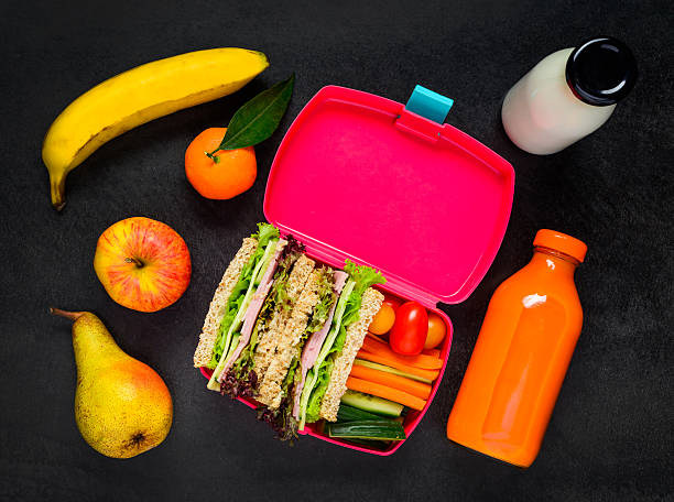 istock Lunch Box with Fruits, Drinks and Sandwich 627872324