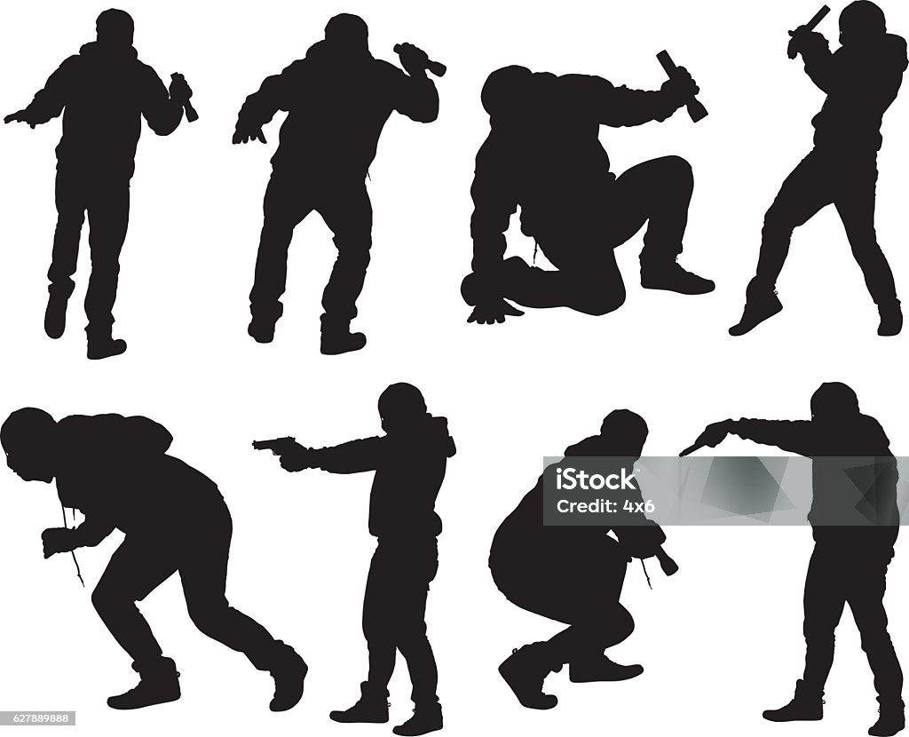 Robber in action with gun and flash light In Silhouette stock vector