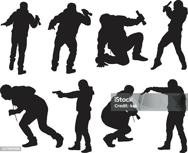 Robber In Action With Gun And Flash Light Stock Illustration - Download Image Now - In Silhouette, Thief, Burglar