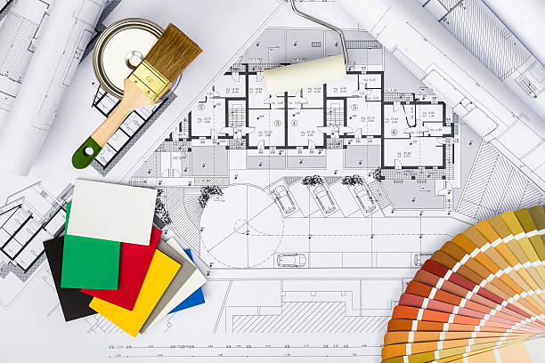 istock Construction plans with whitewashing Tools and Colors Palette on 627890910