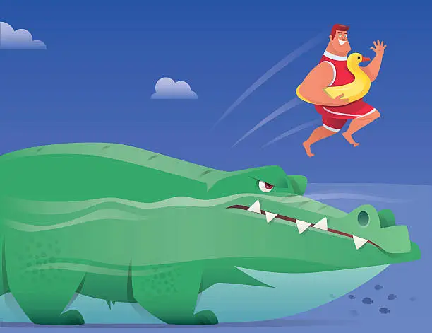 Vector illustration of happy man with duck buoy jumping from big crocodile