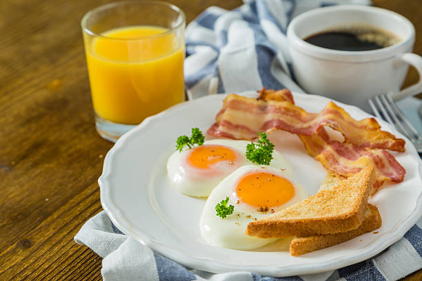 istock American breakfast with sunny side up eggs, bacon, toast, pancakes 627891558