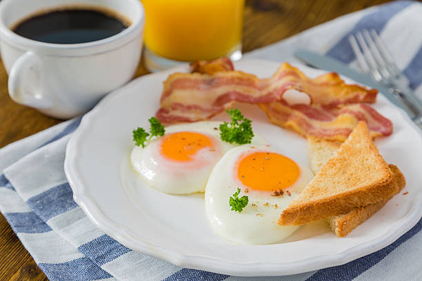 istock American breakfast with sunny side up eggs, bacon, toast, pancakes 627891762