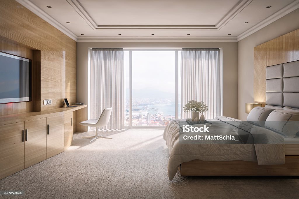Hotel Room Suite with View Beautiful hotel room suite, elegant and luxury with modern style, wooden walls and great view of the city. 3D Photorealistic render Hotel Stock Photo