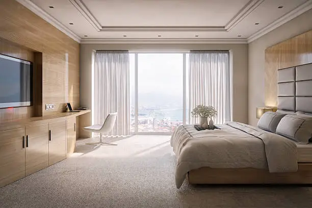 Beautiful hotel room suite, elegant and luxury with modern style, wooden walls and great view of the city. 3D Photorealistic render