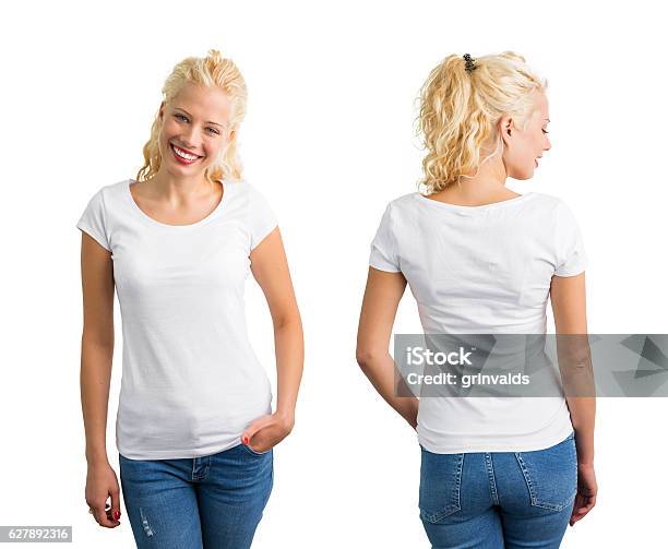 Photo libre de droit de Femme En Tshirt Blanc À Col Rond banque d'images et plus d'images libres de droit de Façade - Façade, T-Shirt, Vue de dos