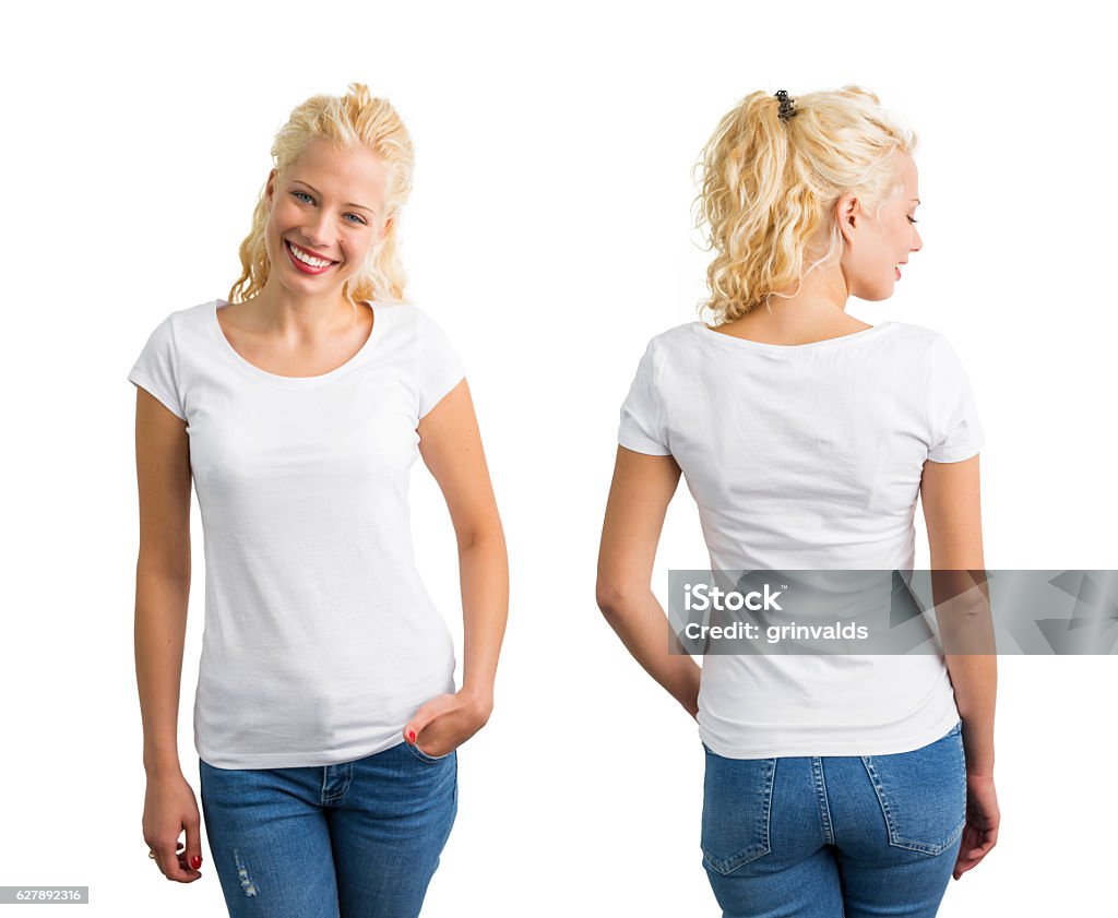 Woman in white round neck T-shirt Facade Stock Photo