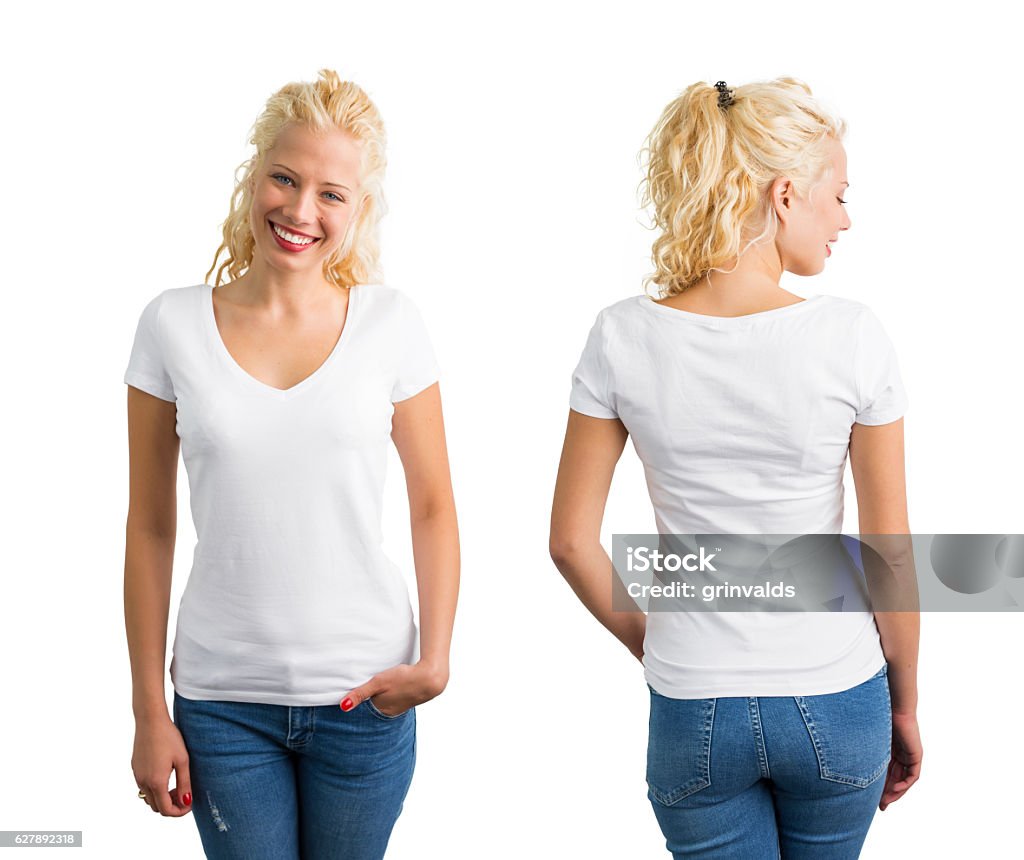 Woman in white V-neck T-shirt T-Shirt Stock Photo