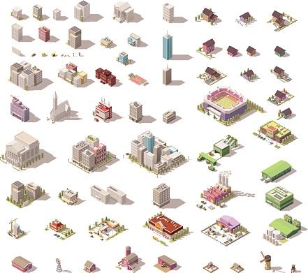 Different isometric low poly buildings and town elements