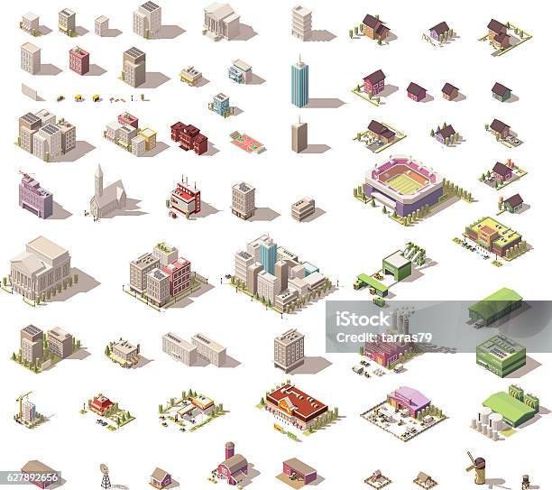 Vector Isometric Low Poly Buildings And Houses Stock Illustration - Download Image Now - Isometric Projection, Building Exterior, City