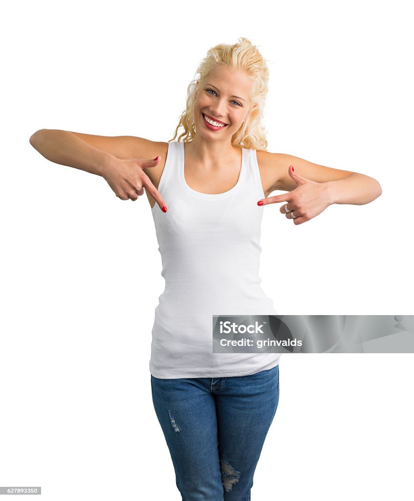 Woman in white tank-top pointing at it Woman in white tank-top pointing at it  Women Stock Photo