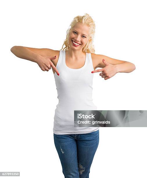 Woman In White Tanktop Pointing At It Stock Photo - Download Image Now - Women, Aiming, Armored Tank