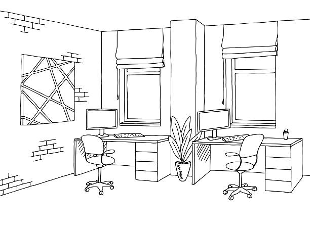 офисный графический интерьер черный белый вектор иллюстрации эскиза - outline desk computer office stock illustrations