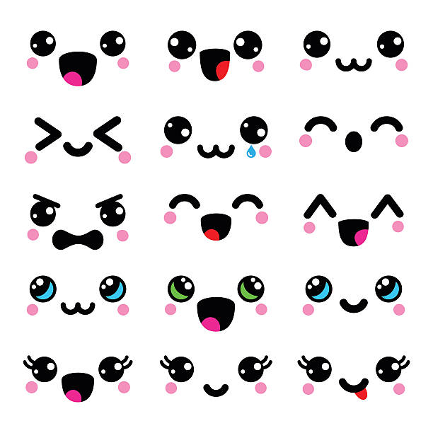 illustrazioni stock, clip art, cartoni animati e icone di tendenza di kawaii volti carini, emoticon kawaii, design adorabile personaggi - big eyes