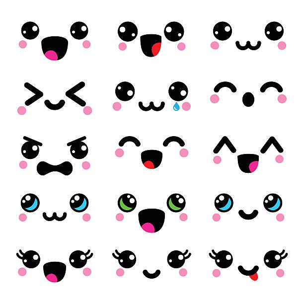 Kawaii cute faces, Kawaii emoticons, adorable characters design Kawaii emotion, Kawaii characters -  big eyes, lips icons isolated on white  kawaii stock illustrations