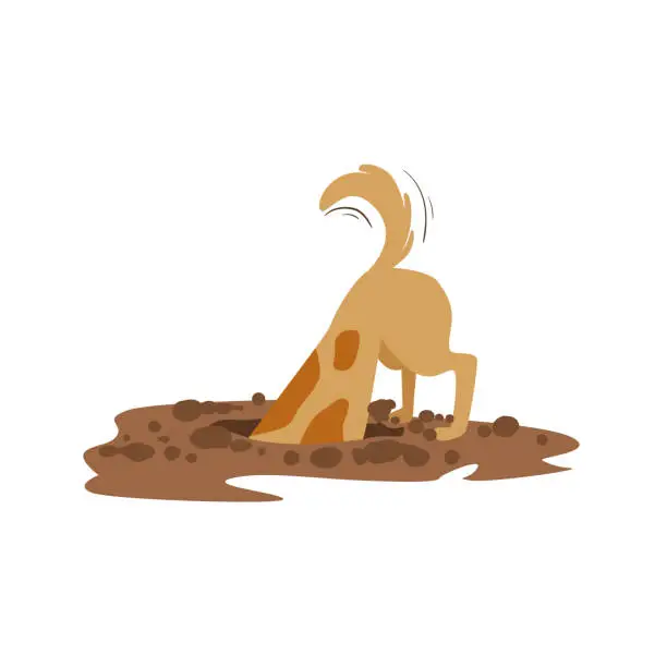 Vector illustration of Brown Pet Dog Digging The Dirt In The Garden, Animal