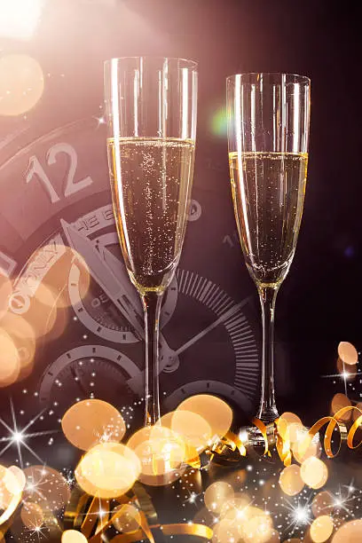 New Years Eve with 2 Champagnerglasses, Watch, Sparkle and Stars