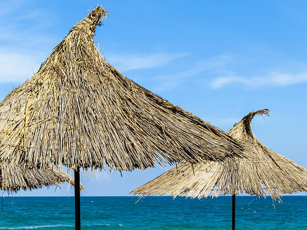istock Beach umbrellas and blue sea 627903830