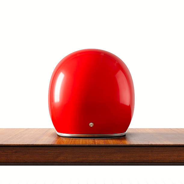 Back side view of red color vintage style motorcycle helmet