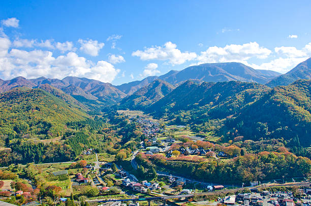 view of yamadera valley, miyagi, japan - prefeitura de yamagata imagens e fotografias de stock