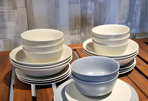 Kitchen Utensil, Collection of White and Blue Porcelain Dishes, Bowls and Plates Preparing for Serve Hot and Cold Food.