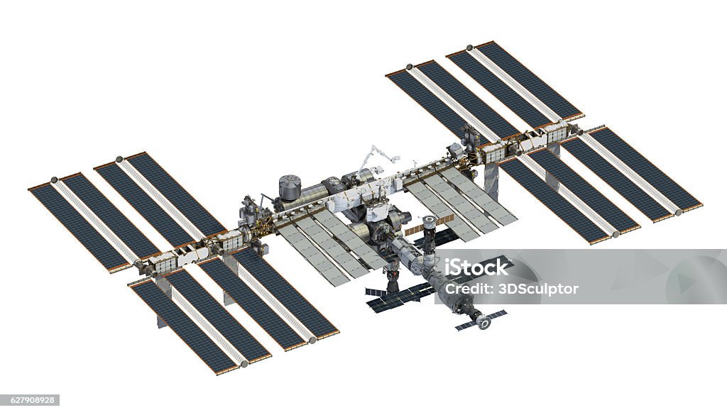International Space Station Over White Background International Space Station Over White Background. 3D Illustration. International Space Station Stock Photo