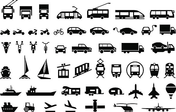 ilustraciones, imágenes clip art, dibujos animados e iconos de stock de conjunto de iconos de transporte grande. vector de símbolos planos - trolley bus