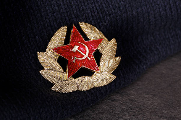 istock Soviet badge with red star, hammer, sickle and laurel wreath. 627917092