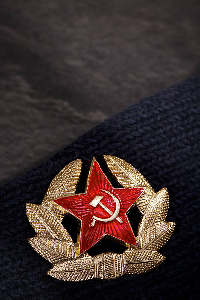 istock Soviet badge with red star, hammer, sickle and laurel wreath. 627917372