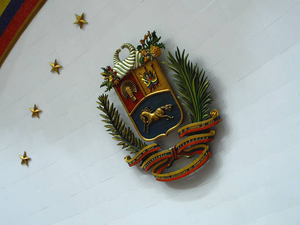 Caracas, Venezuela -March 31 ,2016: Coat of arms of Venezuela, located on the roof of the Venezuelan National Assembly