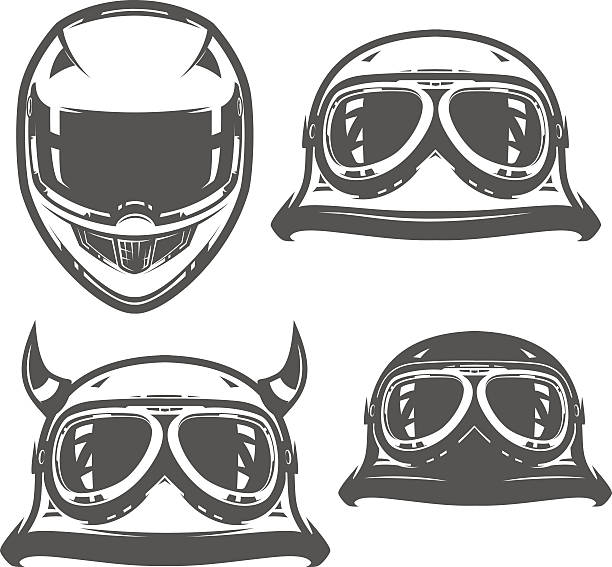 illustrations, cliparts, dessins animés et icônes de ensemble de casque de moto vintage - casque de moto