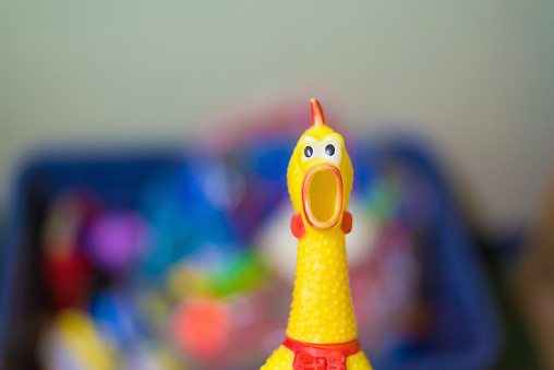Toy rubber shriek yellow chicken on blur toy background in messy room, kid room, shellow DOF
