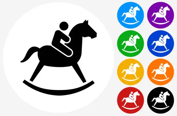 Vector illustration of Child on  Toy Horse Icon on Flat Color Circle Buttons
