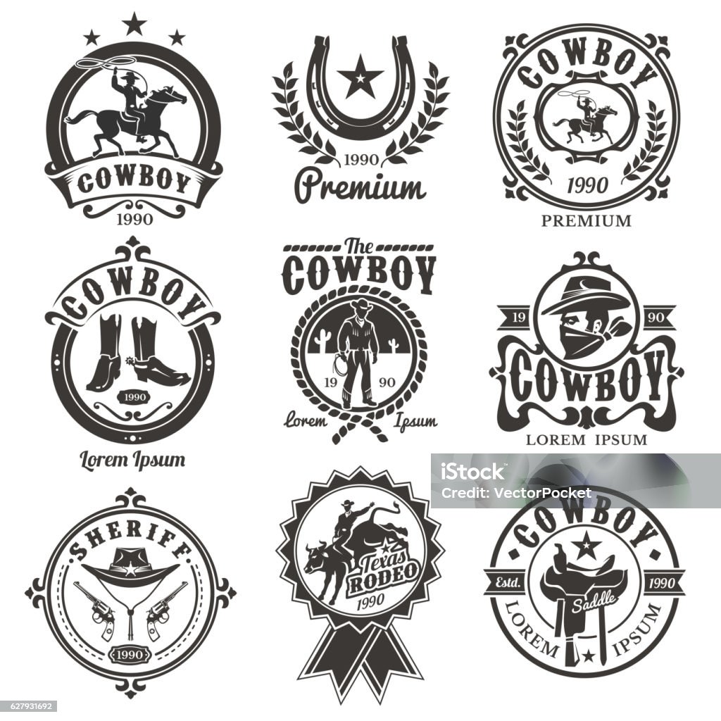 Conjunto de logotipos de rodeo vectorial - arte vectorial de Vaquero libre de derechos