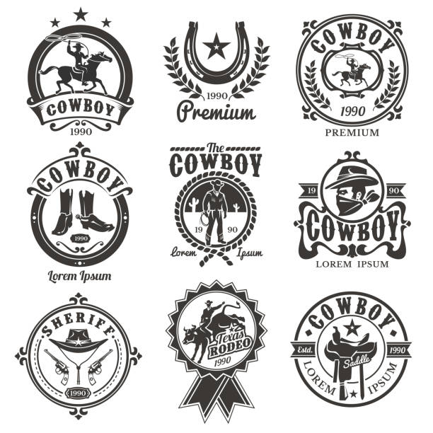 ilustraciones, imágenes clip art, dibujos animados e iconos de stock de conjunto de logotipos de rodeo vectorial - rodeo cowboy horse silhouette